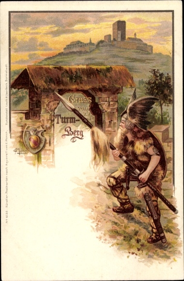Artist Chromo-Litho Carl Münch, Durlach Karlsruhe Baden, Turmberg, German with winged helmet and lance