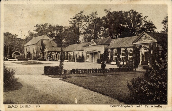 Postcard Bad Driburg in Westphalia, fountain square with drinking hall, buildings, trees, paths