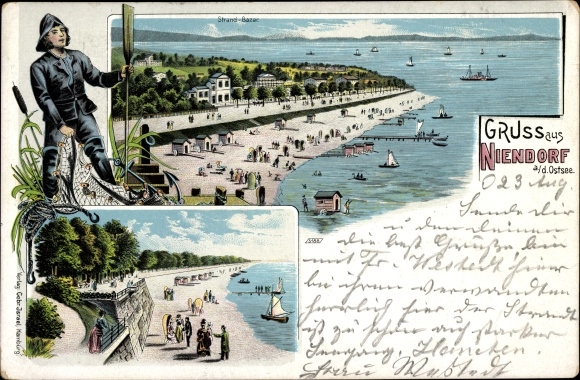Chromo-Litho Niendorf Timmendorfer Strand Ostholstein, beach bazaar, vacationers, fishermen