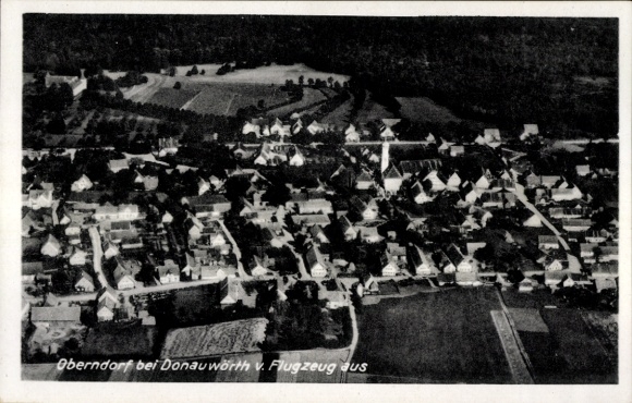 Postcard Oberndorf (near Donauwörth) am Lech, aerial view of Oberndorf, houses, landscape, aircraft