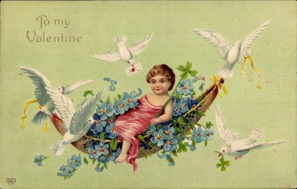 Embossed Postcard Congratulations Valentine's Day, angel, hammock, forget-me-not, doves