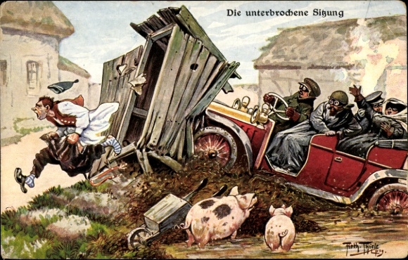 Artist Postcard Thiele, Arthur, Interrupted session, car drives into toilet