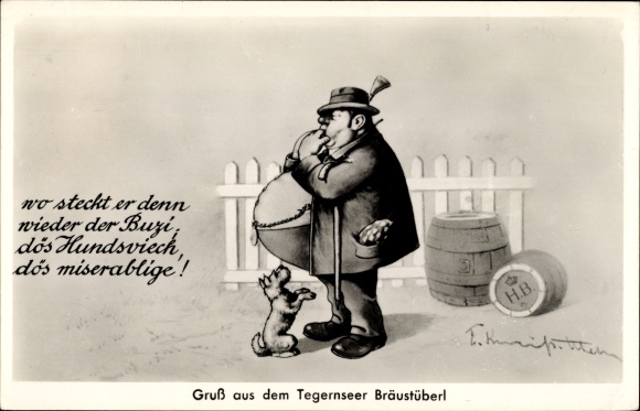 Artist PC Kneiß, Tegernsee in Upper Bavaria, Bräustüberl, man with a big belly is looking for his dog