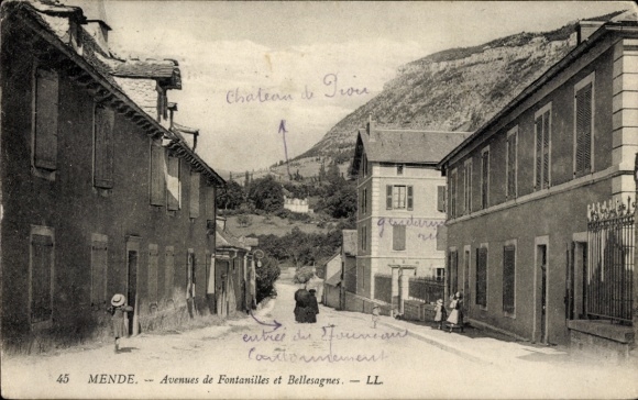 Postcard Mende Lozère, Chateau de Tron, Avenues de Fontanilles et Bellesagnes, hilly landscape
