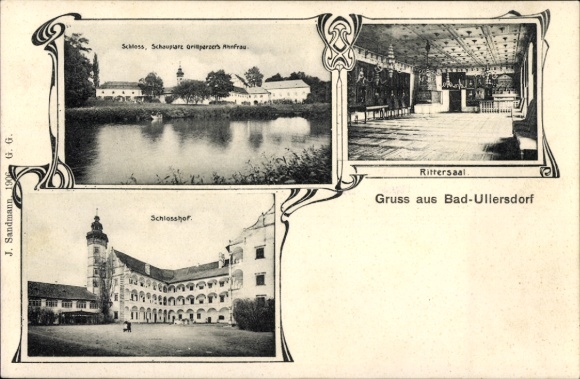 Passepartout Ak Velké Losiny Bad Groß Ullersdorf Region Olmütz, Schloss, Rittersaal, Schlosshof