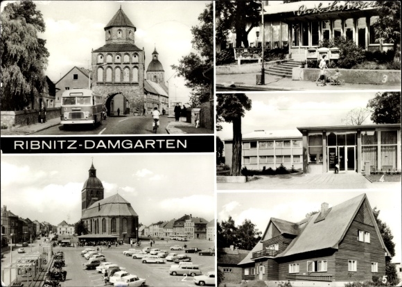 Ak Ribnitz Damgarten, Rostocker Tor, Karl Marx Platz, postkantoor, jeugdherberg, parklichtshow