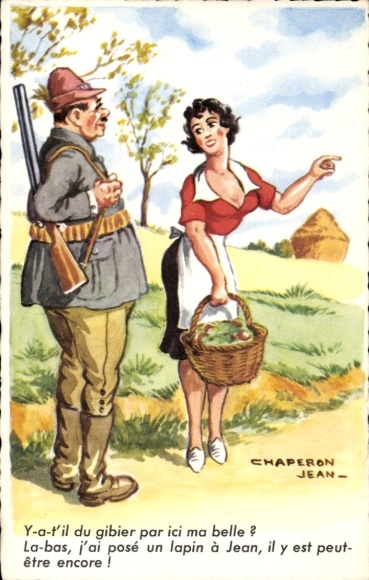 Artist Postcard Chaperon, Jean, hunter and woman