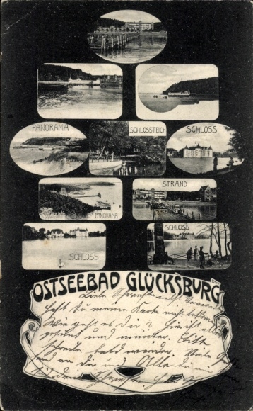 Postcard Glücksburg on the Baltic Sea, panorama, castle pond, castle, beach