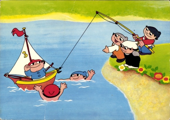 Artist PC Mainzelmännchen, sailing boat, fishing rod, second German television 1969