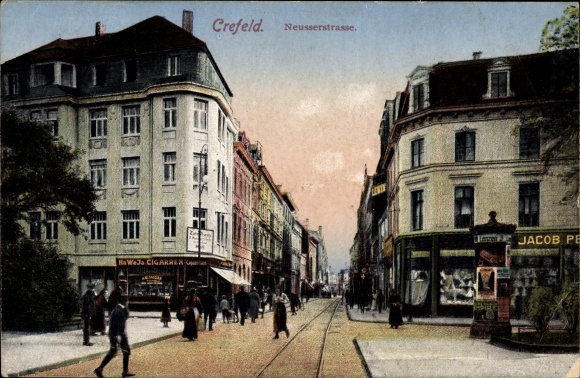Ak Krefeld am Niederrhein, Neusserstraße, Gleise, HaWeJa Zigarrenhandlung, Passanten