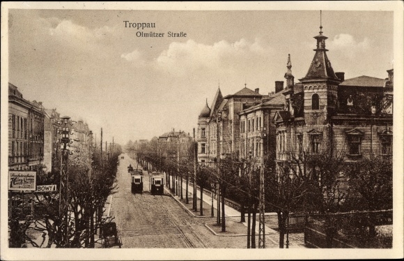Postcard Opava Troppau Region Moravian Silesia, Olomouc Street, trams