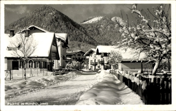Postcard Ruhpolding in Upper Bavaria, street scene in winter