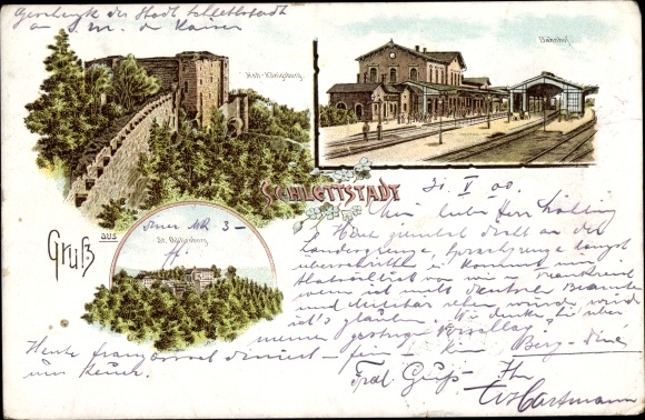 Chromo-Litho Sélestat Schlettstadt Alsace Bas Rhin, Bahnhof, Gleisseite, Hoh Königsburg