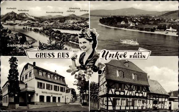 Ak Unkel am Rhein, Siebengebirge, Hotel Scheurener Hof, Schutzengelhaus, Dampfer