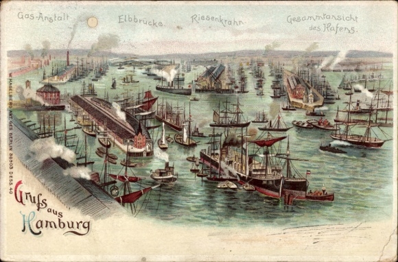 Trzymaj się światła lito Hamburg, port, most na Łabie, stacja benzynowa, gigantyczny dźwig