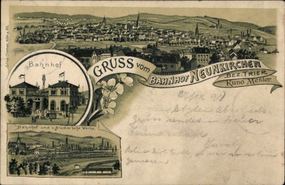 Litho Neunkirchen im Saarland, Bahnhof, Restauration von Kuno Mester, v. Stumm'sche Werke