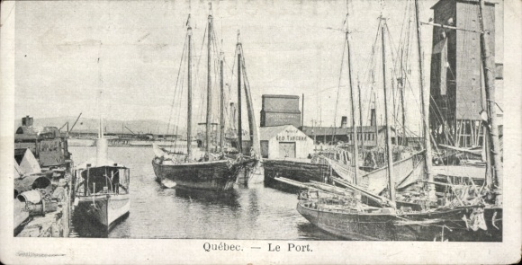 Postcard Quebec Canada, Montmorency River, harbor view, boats, ships, water, buildings