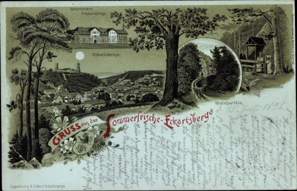 Mondschein Litho Eckartsberga an der Finne im Burgenlandkreis, Waldpartie, Waldhütte, Wappen