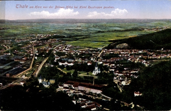 Ak Thale im Harz, Luftaufnahme von  Berglandschaft, Hotel Rosstrappe