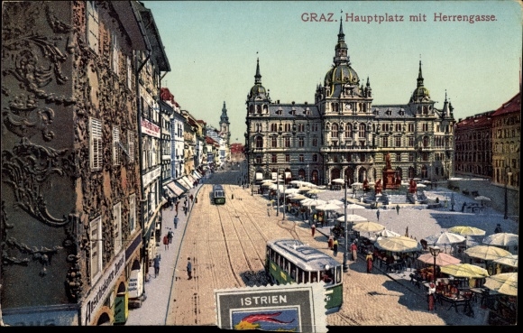 KP Graz Styria, główny plac z Herrengasse, tramwaje, stragany
