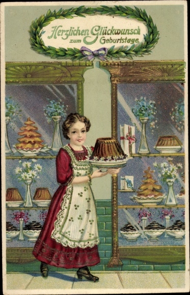 Embossed Postcard congratulations birthday, girl with cake, well-wisher