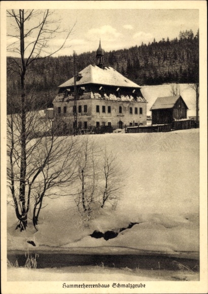 Ak Schmalzgrube Jöhstadt im Erzgebirge Sachsen, Hammerherrenhaus, Winter