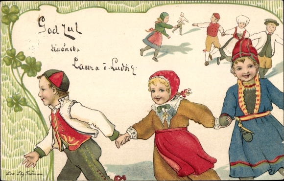 Artist Chromo-Litho Lindberg, Lisa, Happy Christmas, children in traditional Swedish costumes
