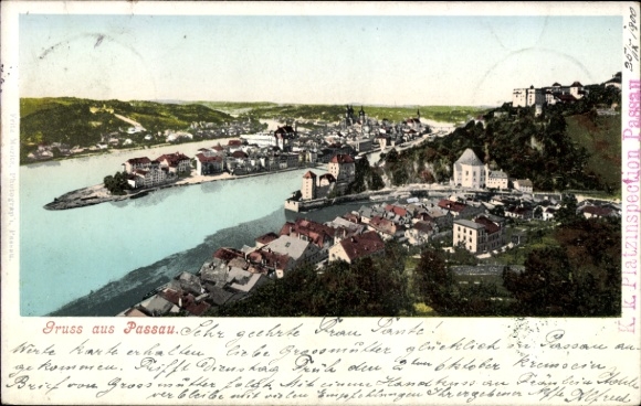 Postcard Passau in Lower Bavaria, view of the river and cityscape