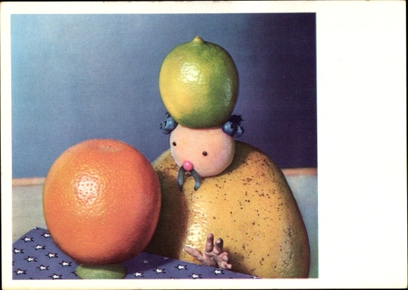 Postcard fruit humanized, lemon, orange, man with crown