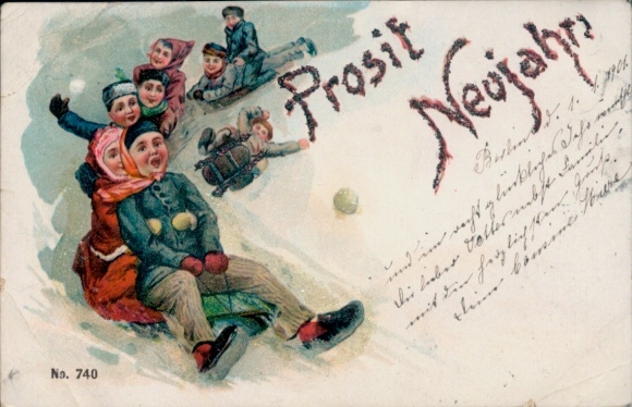 Glitter Postcard Happy New Year, children on sleigh
