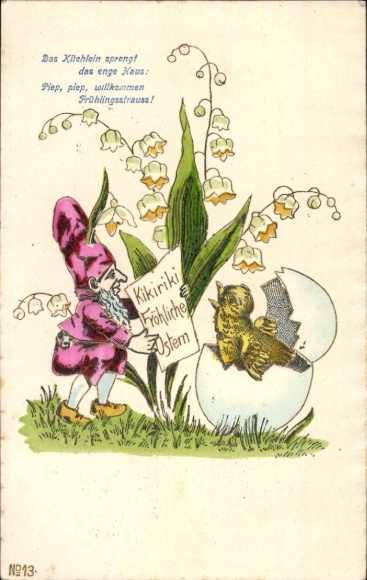 Litho Fröhliche Ostern, Zwerg, Küken