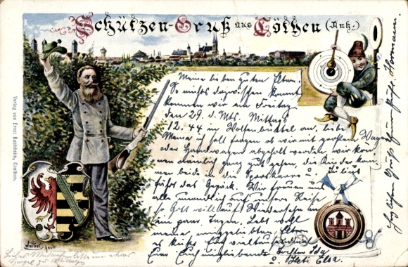 Postcard Cöthen Köthen in Anhalt, shooting salute, shooting festival, coat of arms