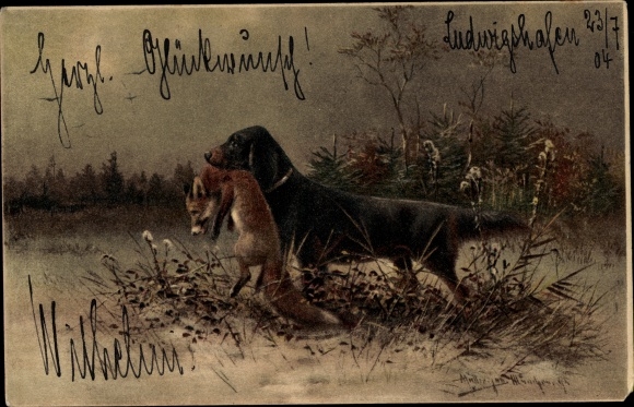 Artist PC Müller, hunting dog with fox
