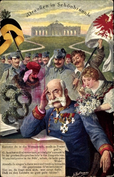 Artist Postcard Hartmann, A., Emperor Franz Joseph I, Outside in Schönbrunn, Imperial and Royal Troops
