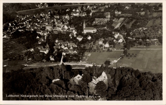 Ak Neckargerach in Baden Württemberg, Ruine Minneburg, Fliegeraufnahme
