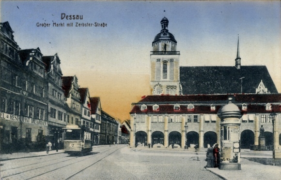 Postcard Dessau in Saxony-Anhalt, Great Market, Zerbster Street, architecture, tram