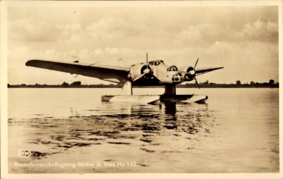 Postcard German fighter aircraft, sea multi-purpose aircraft Blohm & Voss Ha 140, seaplane