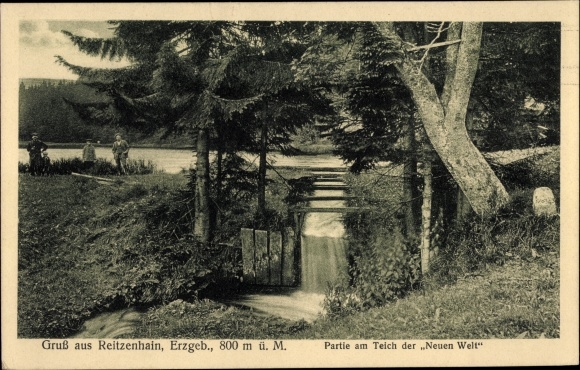Ak Reitzenhain Marienberg in het Erzgebirge, vijver van de Nieuwe Wereld, mensen