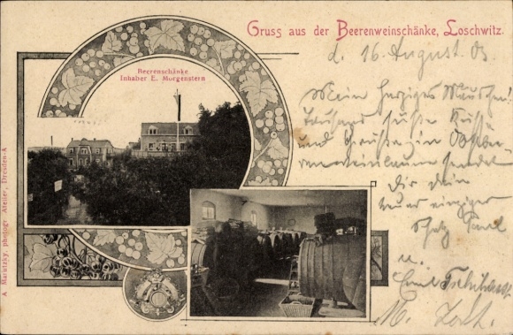 Postcard Dresden Loschwitz, berry tavern, berry wine tavern E. Morgenstern, wine barrels
