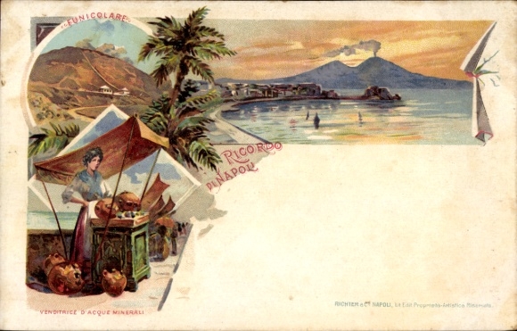 litho Napoli Napels Campania, Funicolare, Vesuvio, Venditrice d'Acque Minerali