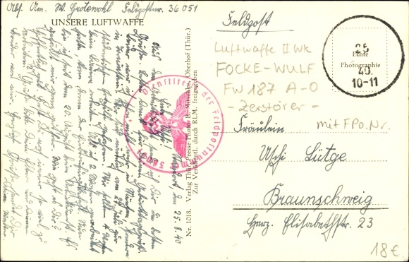 Postcard Deutsche Luftwaffe, Focke Wulf Fw 187 AO Destroyer, In Flight