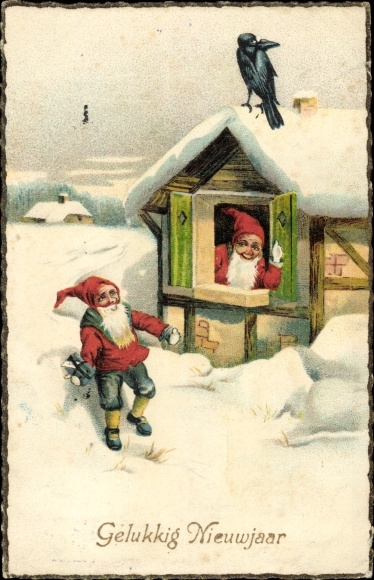 Postcard Happy New Year, gnomes at a house, crow, winter