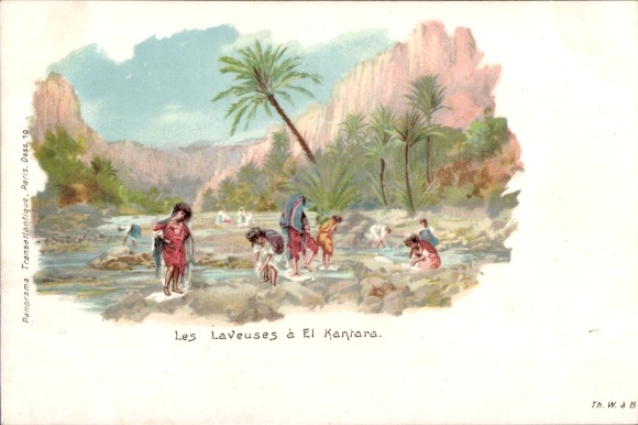 Chromo-Litho El Kantara Algeria, Les Laveuses, washerwomen