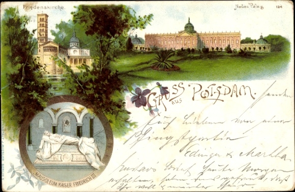 Postcard Potsdam Sanssouci, Church of Peace, Mausoleum of Emperor Frederick, park-like landscape, statue