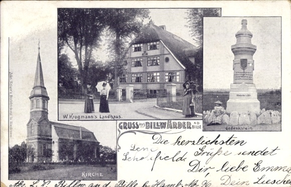 Ansichtkaart Hamburg Bergedorf Billwärder, kerk, landhuis van W. Krogmann, gedenksteen