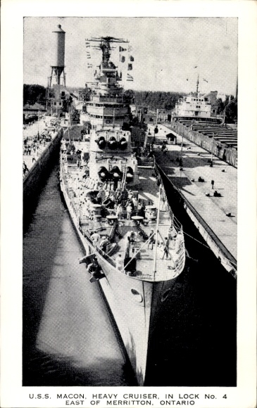 Postcard USS Macon, Heavy Cruiser, Lock No. 4 east of Merritton, Ontario, Canada