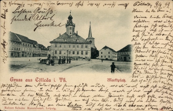 Postcard Cölleda Kölleda in Thuringia, market square, buildings, people, Cölleda