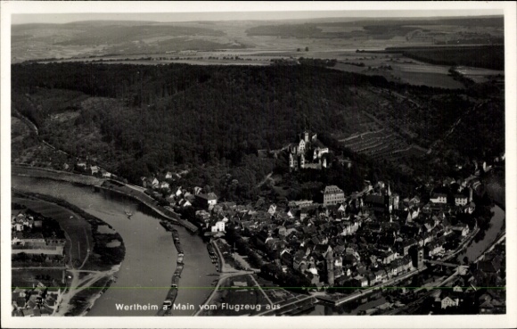 Postcard Wertheim am Main, aerial view of Main, river, vineyards, buildings