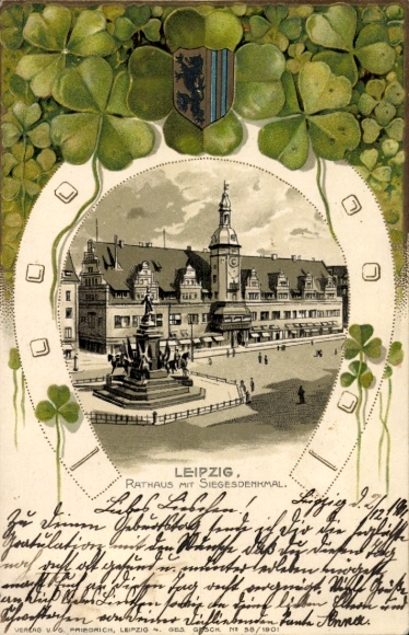 Präge Passepartout Litho Leipzig, Rathaus, Siegesdenkmal, Wappen, Glücksklee