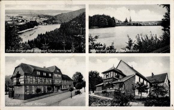 Ak Güntersberge Harz, Blick von Schönemannsruh, Badeteich, Kurhaus, NS Heim